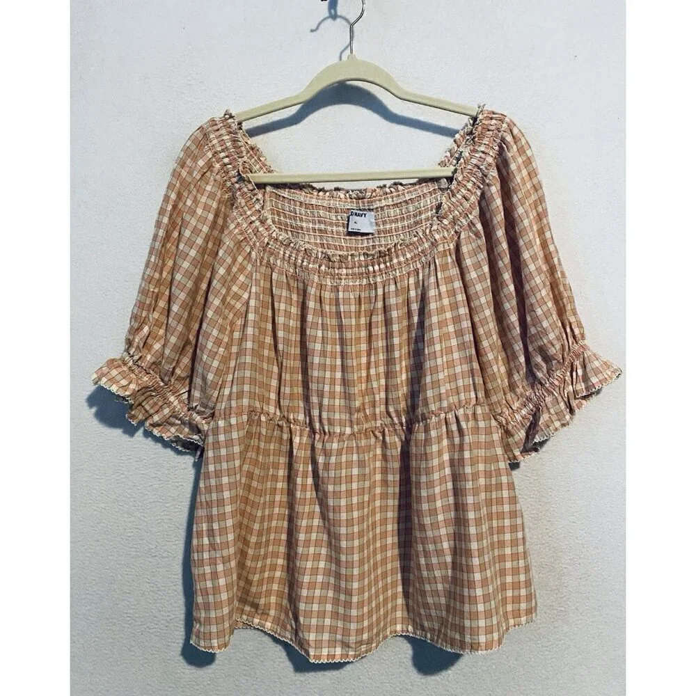 Old Navy Top Womens XL Pink Plaid Puff Sleeve Square Neck Babydoll Coquette